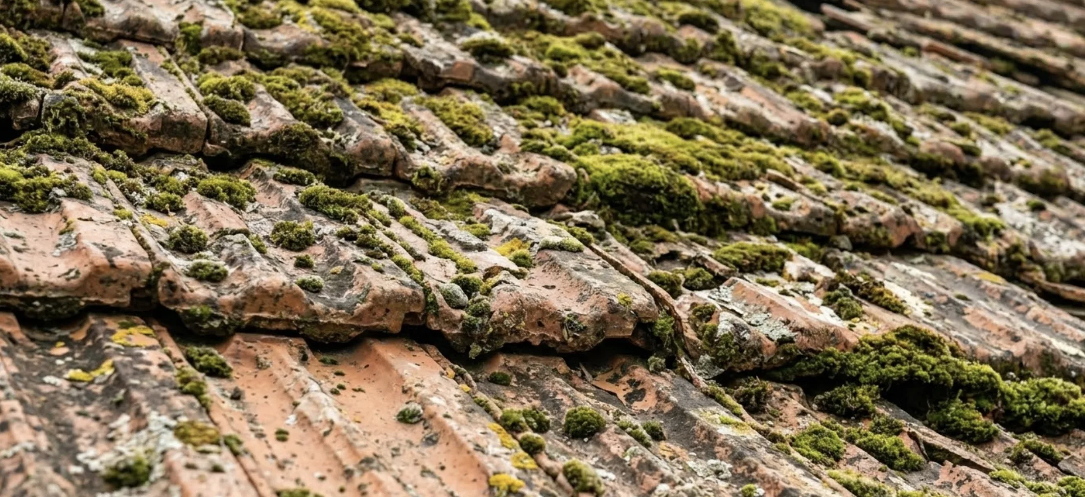 Vue en gros plan d'une toiture ancienne avec des tuiles poreuses, fêlées et recouvertes de mousse épaisse, illustrant le besoin urgent d'un changement de couverture.